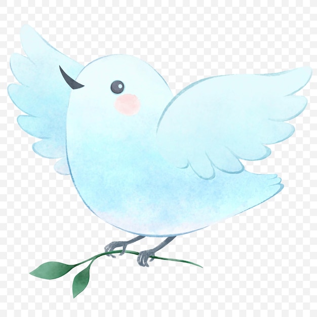 PSD illustration d'aquarelle d'oiseau mignon colombe blanche de dessin animé volant avec une branche conception de personnages pour enfants