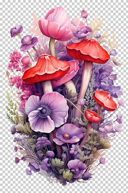 Illustration de bouquet de champignons et de fleurs à l'aquarelle isolée transparente