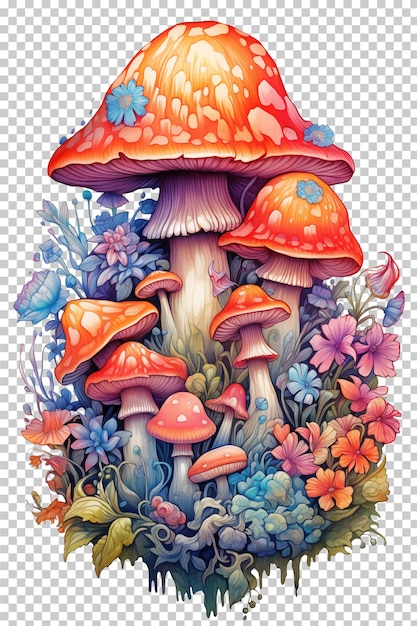 Illustration de bouquet de champignons et de fleurs à l'aquarelle isolée transparente