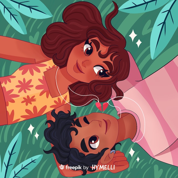 Illustration de célébration de la saint-valentin avec couple et feuilles