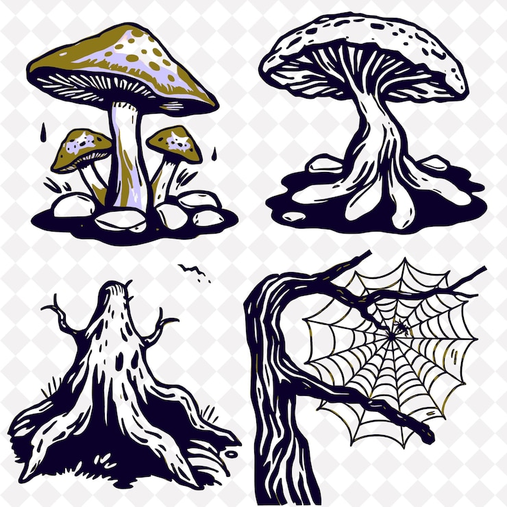 PSD illustration les champignons le lit des rivières les nœuds des arbres les toiles d'araignées les champignins émergeant après la pluie le lit des fleuves wi