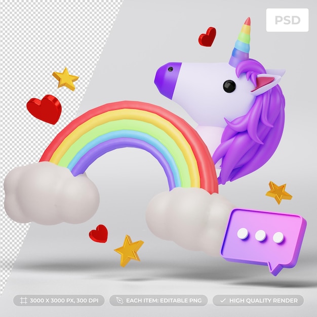 PSD illustration colorée de l'arc-en-ciel et de la licorne en 3d