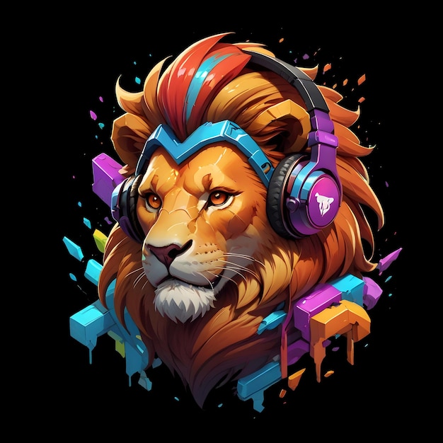 PSD illustration colorée d'un lion portant des écouteurs mascotte conception du logo dtf conception de l'autocollant t-shirt