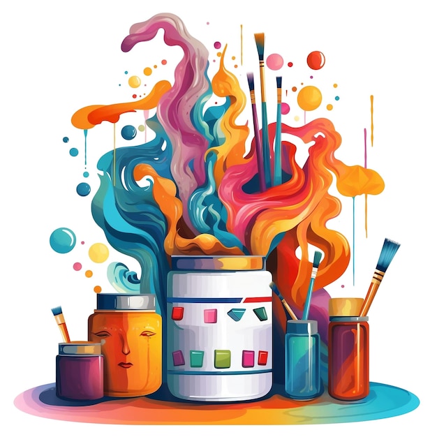 PSD une illustration colorée de pots de peinture et de pinceaux.