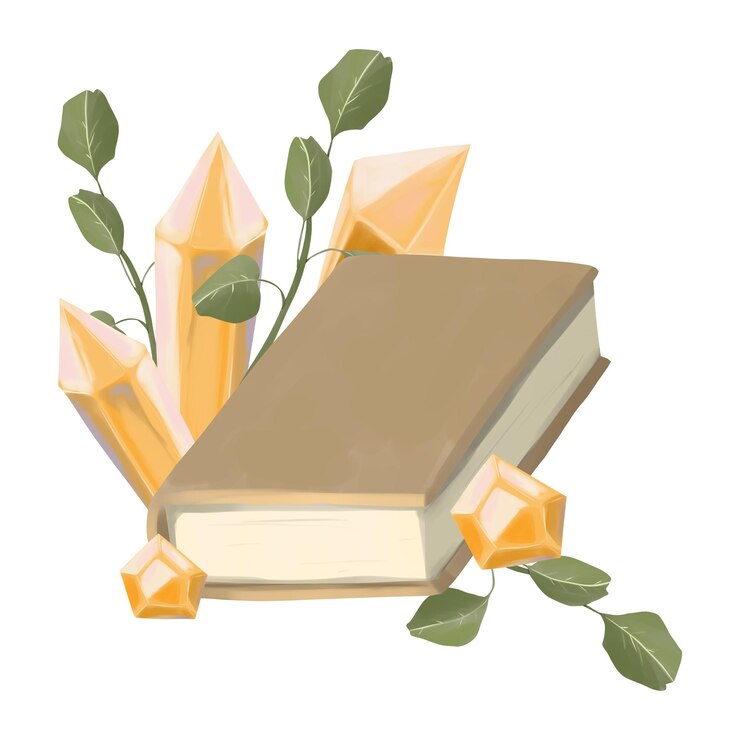 PSD illustration composition with brown book five golden crystals green branches with eucalyptus
