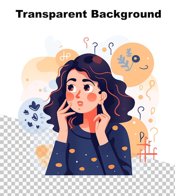 une illustration en couleur plate d'une fille pensant à quelque chose sur un fond transparent