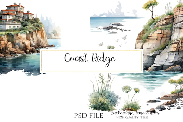 PSD illustration de la crête côtière aquarelle scène de paysage graphique