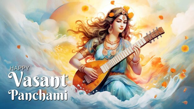 PSD illustration de la déesse de la sagesse saraswati pour le festival de vasant panchami en inde