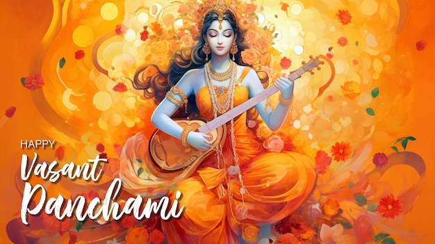 PSD illustration de la déesse de la sagesse saraswati pour le festival de vasant panchami en inde