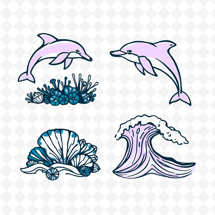 PSD illustration delfine korallenriffe muscheln wellen delfine schwimmen g kreative farbgebung natur setr