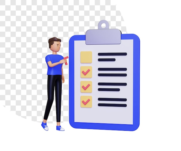 Illustration der Checkliste 3d mit männlichem Charakter, der Häkchen hält