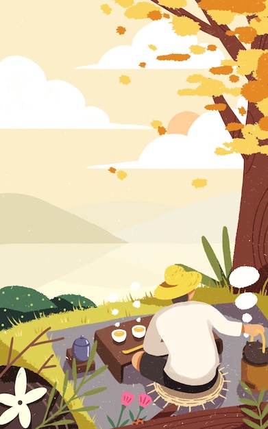 Illustration der wunderschönen Landschaft, in der man im Herbst alleine Tee braut