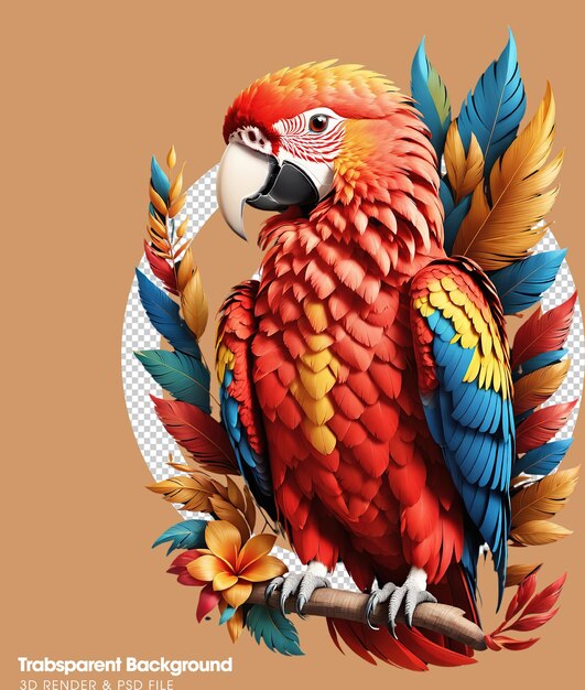 PSD illustration de dessin animé 3d amusante d'un oiseau perroquet coloré