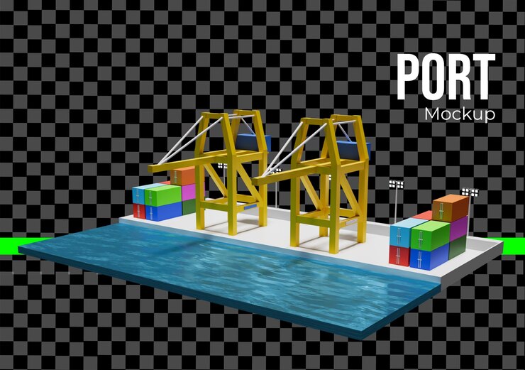 PSD illustration de dessin animé 3d du port avec des grues et des conteneurs d'expédition