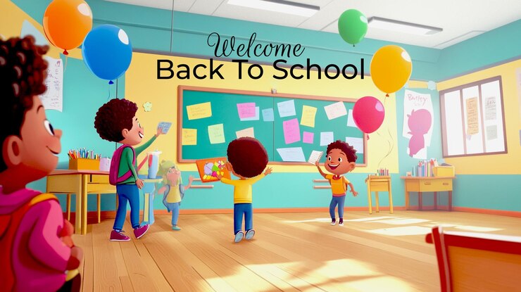 PSD une illustration de dessin animé d'enfants jouant avec des ballons et les mots bienvenue à l'école