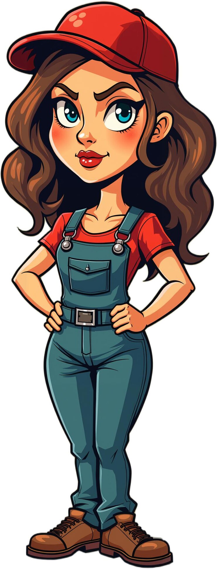 PSD illustration de dessin animé d'une jeune femme aux cheveux bruns portant une casquette de baseball rouge et une combinaison debout avec confiance avec ses mains sur ses hanches isolée sur un fond transparent