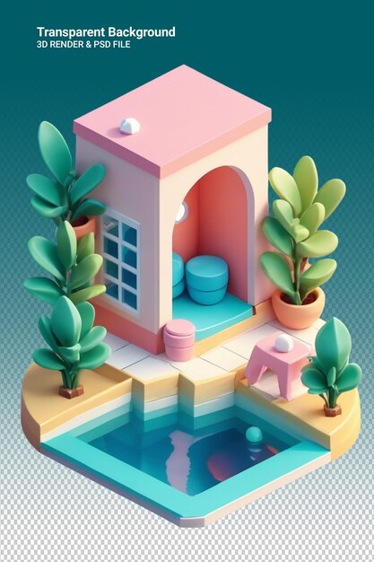 PSD une illustration de dessin animé d'une maison avec une piscine et une maison avec une piscina avec des plantes et une piscine