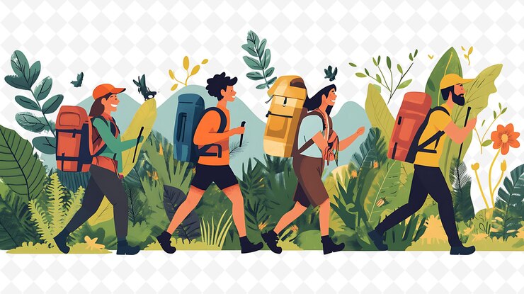 PSD une illustration de dessin animé de personnes avec un sac à dos et un sac à doigts qui dit citation sauvage citation