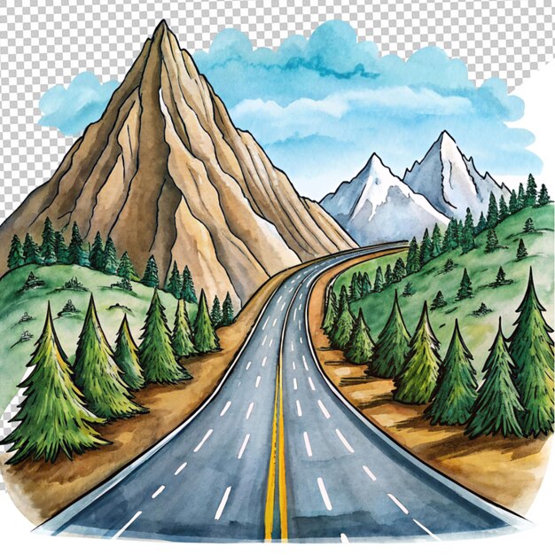 PSD illustration de dessin animé route de montagne sur fond transparent