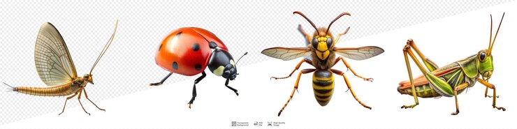 PSD illustration détaillée d'insectes, y compris la sauterelle et la coccinelle