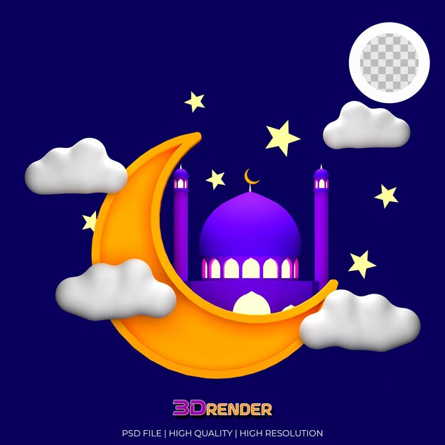 Illustration du concept du Ramadan islamique d'une mosquée derrière la lune avec des nuages et des étoiles