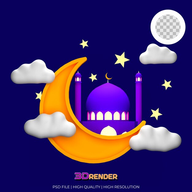 Illustration Du Concept Du Ramadan Islamique D'une Mosquée Derrière La Lune Avec Des Nuages Et Des étoiles