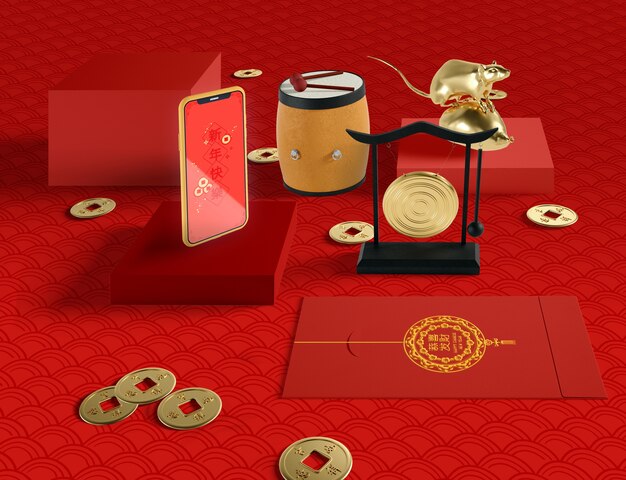Illustration du nouvel an chinois avec téléphone et rat d'or