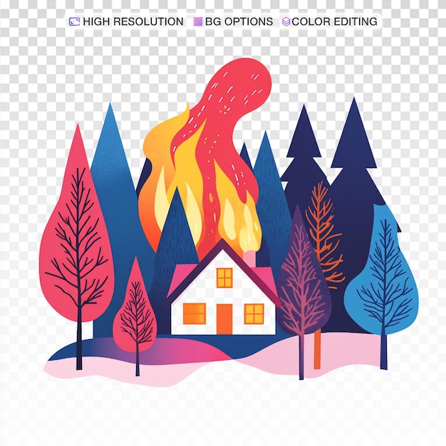 Illustration du vecteur de feu de forêt et de maison de dessin animé