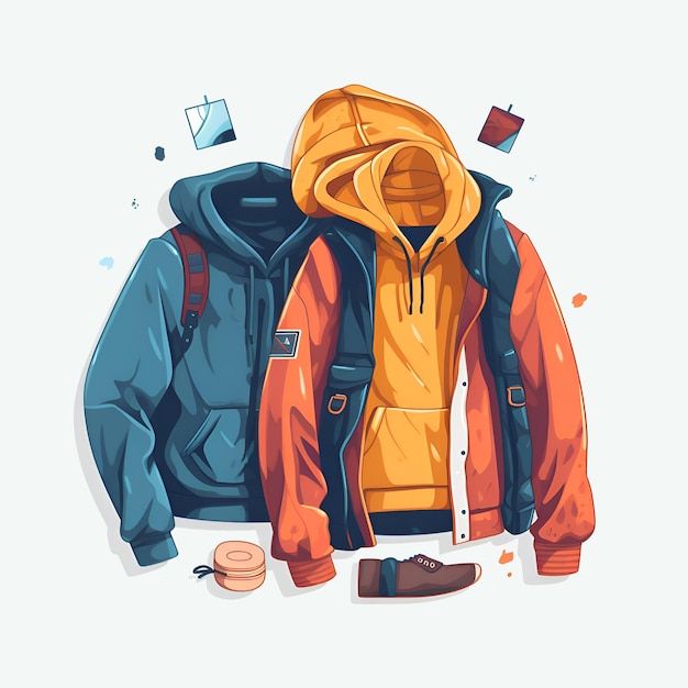 Illustration einer Herren-Winterjacke, einer Hose, einer Jacke und Schuhen