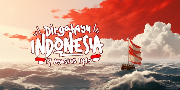 PSD illustration eines bootes mit indonesischer flagge auf dem meer dirgahayu indonesien handgeschriebener schrifttext