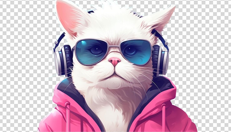 PSD illustration eines fantasiecharakters mit katzenkopf in sonnenbrille und kopfhörern, der eine weiße jacke trägt und musik hört png transparent