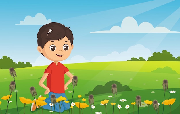Illustration eines glücklichen Jungen, der auf dem Feld sitzt und Löwenblumen bläst