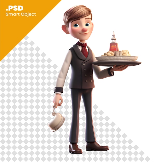 Illustration eines jungen kellners mit einem kuchen und einer handtasche psd-vorlage