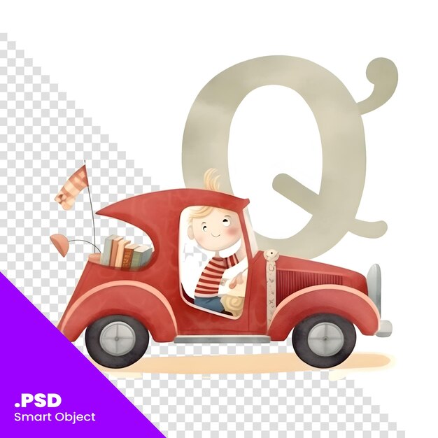 PSD illustration eines kleinen jungen, der ein auto fährt, mit einer psd-vorlage für den buchstaben q