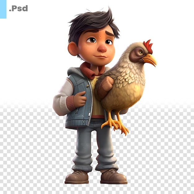 PSD illustration eines kleinen jungen mit einem huhn auf einem weißen hintergrund psd-vorlage