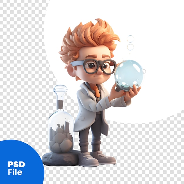 PSD illustration eines kleinen jungen mit einem laborkittel, der eine glasflasche hält. psd-vorlage