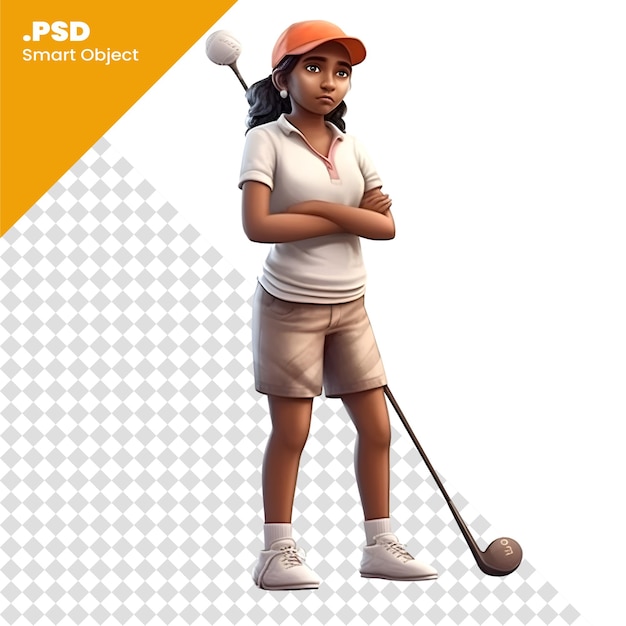 Illustration eines kleinen mädchens mit einem golfschläger und einer mütze psd-vorlage