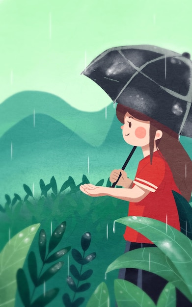 PSD illustration eines kleinen mädchens von einem hohen berg an einem regnerischen tag