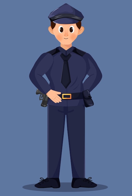 Illustration eines lächelnden Polizisten in Uniform mit einer Waffe mit süßem flachen Design-Charakterstil