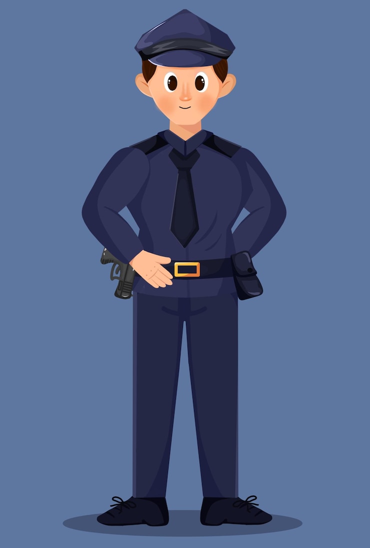PSD illustration eines lächelnden polizisten in uniform mit einer waffe mit süßem flachen design-charakterstil