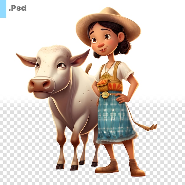 PSD illustration eines niedlichen bauern mit einer kuh auf einem weißen hintergrund psd-vorlage