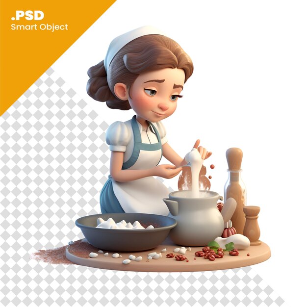 PSD illustration eines niedlichen kleinen küchenchefs mit verschiedenen zutaten zum kochen psd-vorlage