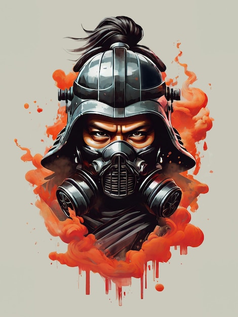 Illustration eines Samurai-Kriegers, der sein Gesicht mit einer Rauchmaske bedeckt