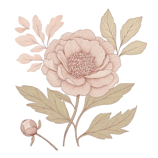 Illustration élégante d'une fleur de pioie vintage avec des feuilles et un bourgeon
