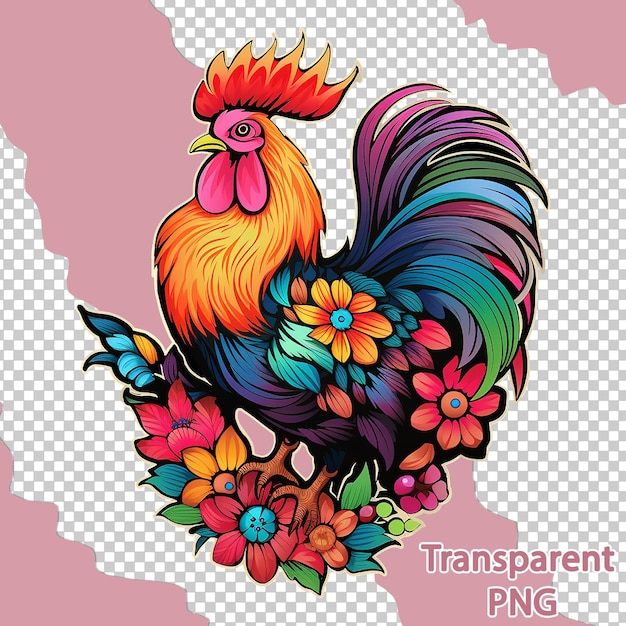 PSD illustration esthétique de coq floral sur fond transparent d'art vectoriel coloré