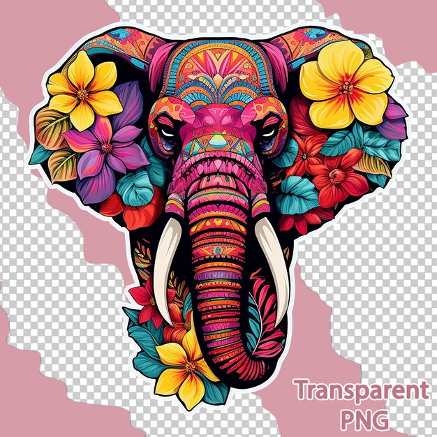 PSD illustration esthétique d'éléphant floral sur fond transparent d'art vectoriel coloré