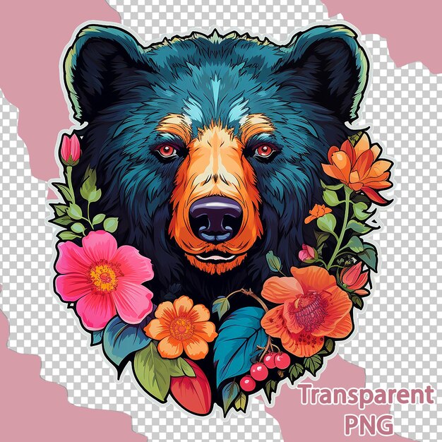 PSD illustration esthétique d'ours floral sur fond transparent d'art vectoriel coloré