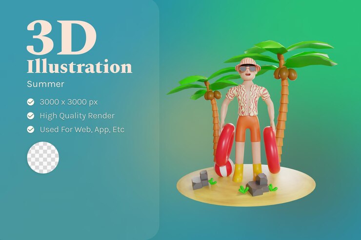 PSD illustration d'été avec personnage 3d