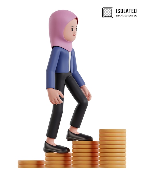 PSD illustration d'une femme d'affaires de dessin animé portant un hijab grimpant sur un tableau de pièces d'un dollar