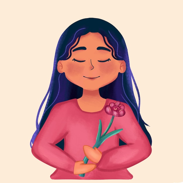 illustration d'une femme aux cheveux raides tenant un bouquet de fleurs